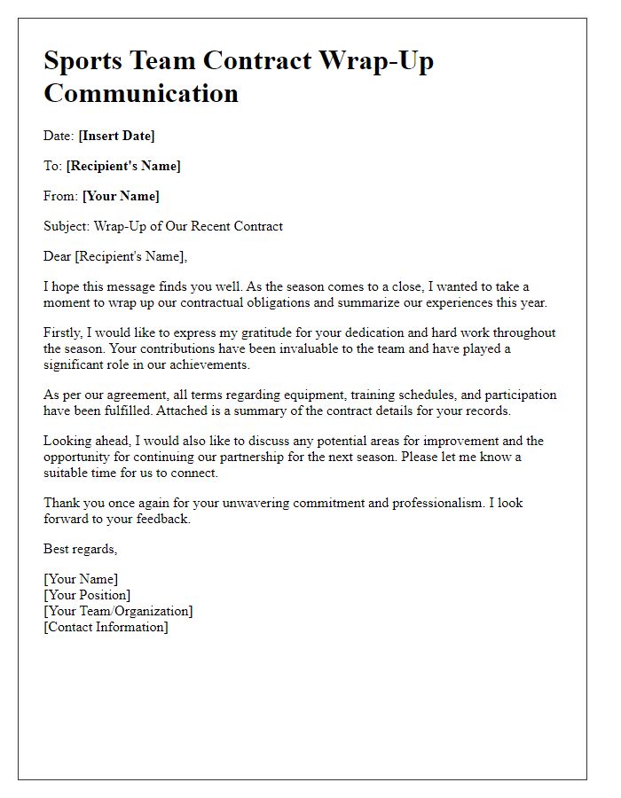 Letter template of sports team contract wrap-up communication