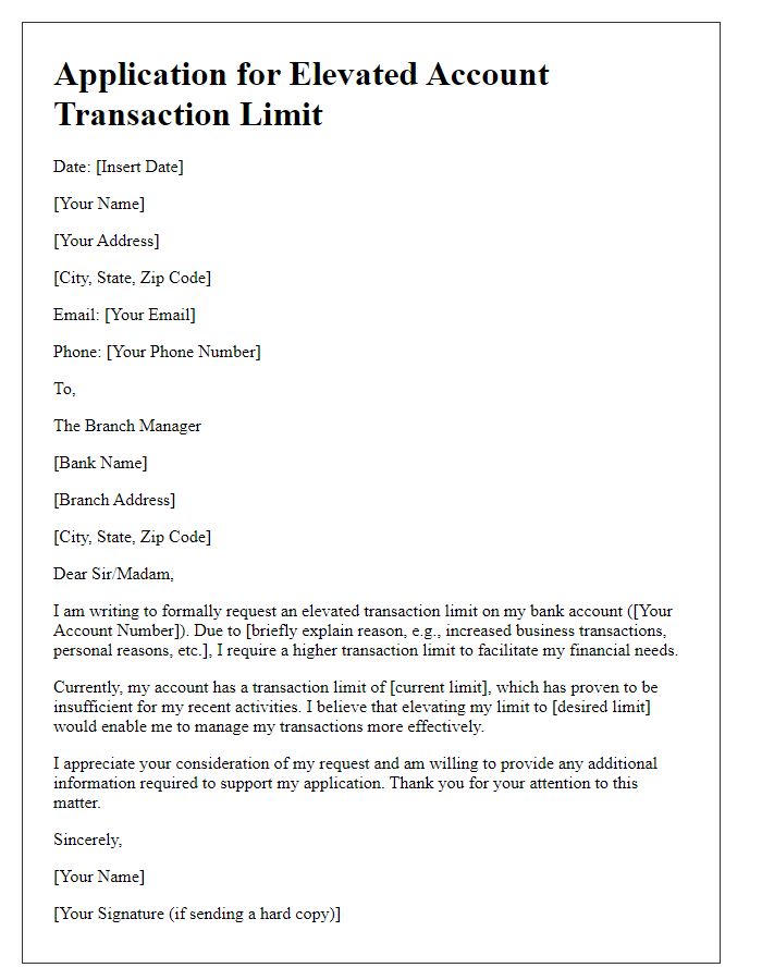 Letter template of application for elevated account transaction limit