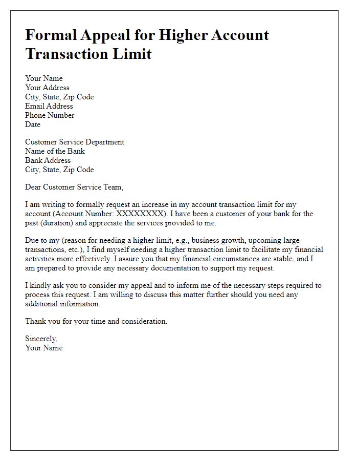 Letter template of formal appeal for higher account transaction limit