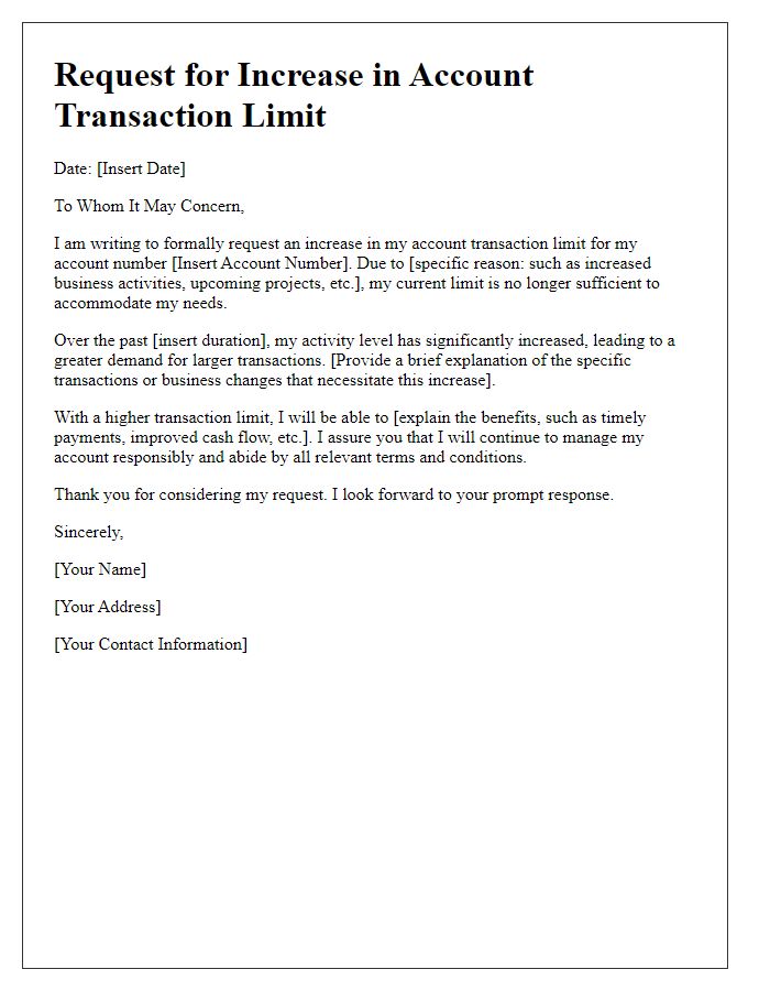 Letter template of justification for account transaction limit rise