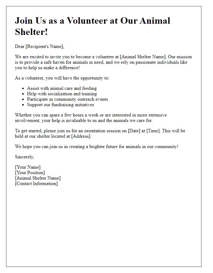 Letter template of invitation to animal shelter volunteer opportunity