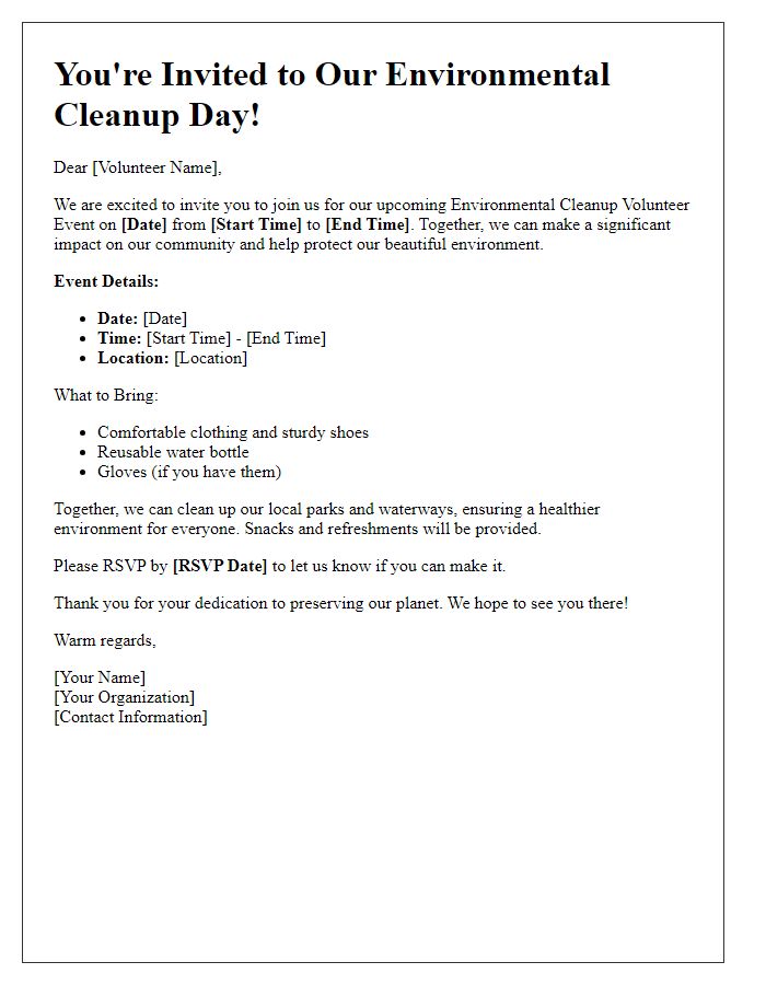 Letter template of invitation to environmental cleanup volunteer event