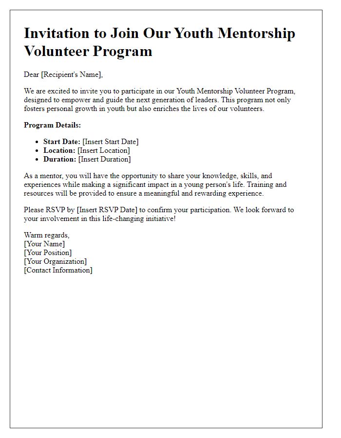 Letter template of invitation to youth mentorship volunteer program