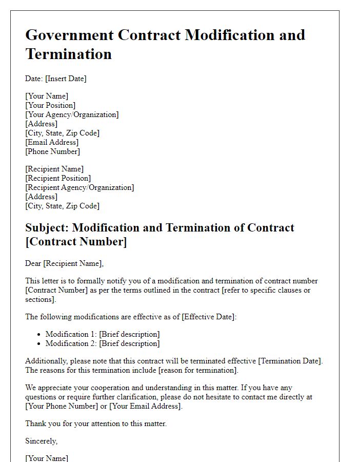 Letter template of government contract modification and termination