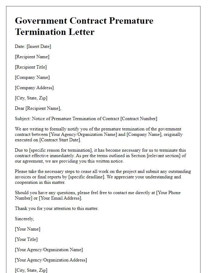 Letter template of government contract premature termination