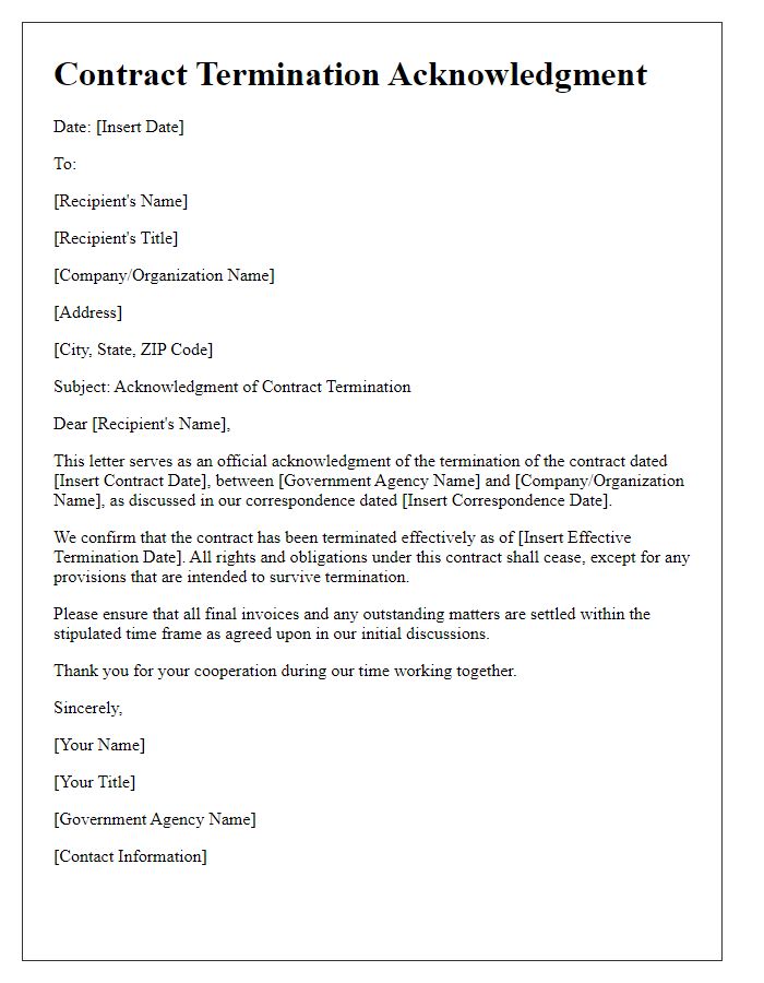 Letter template of government contract termination acknowledgment