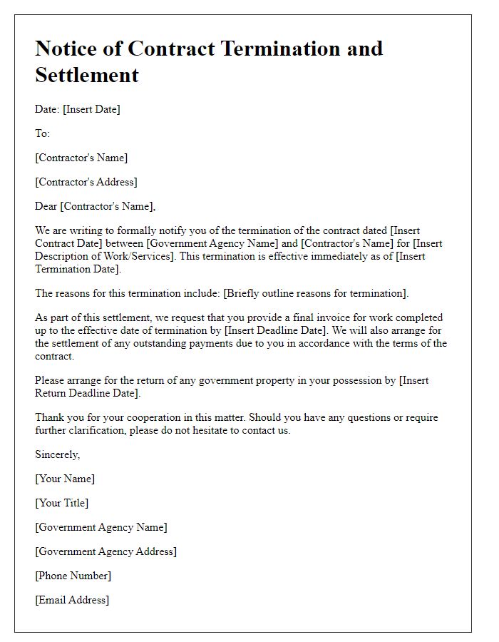 Letter template of government contract termination and settlement