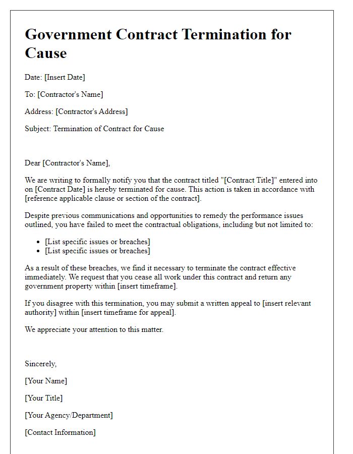 Letter template of government contract termination for cause