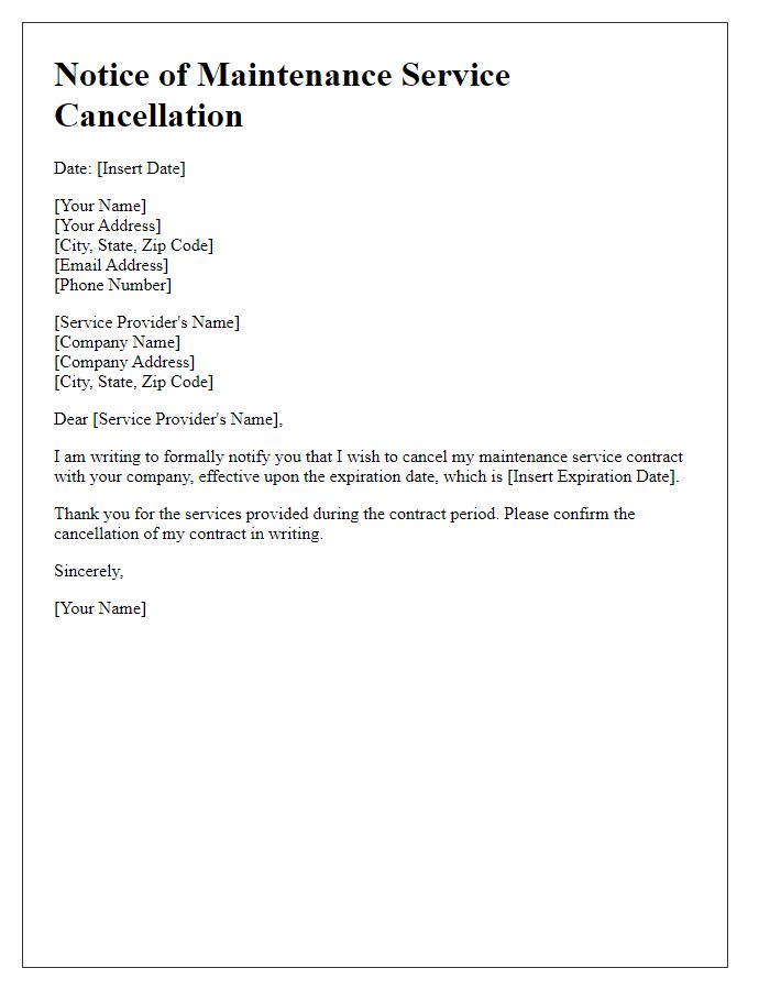 Letter template of maintenance service cancellation for contract expiration.