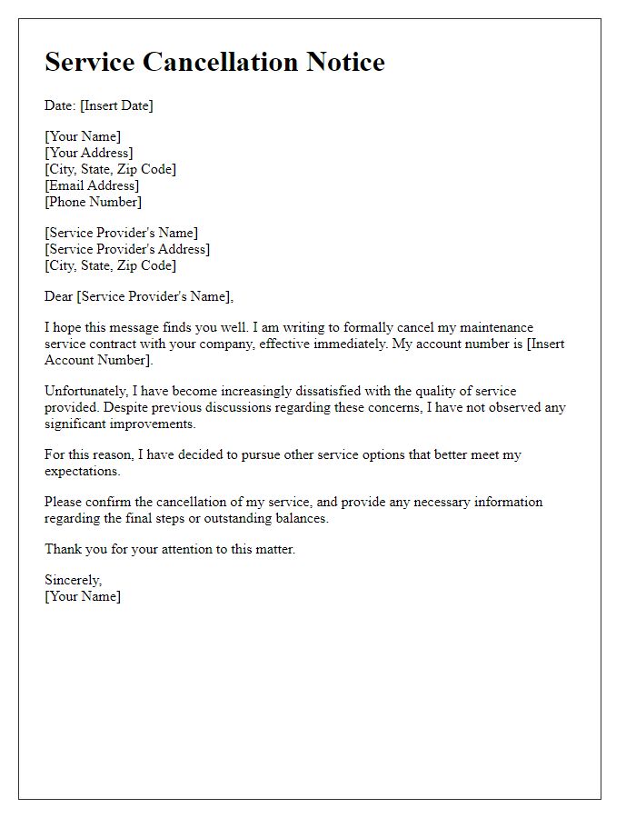 Letter template of maintenance service cancellation due to dissatisfaction.