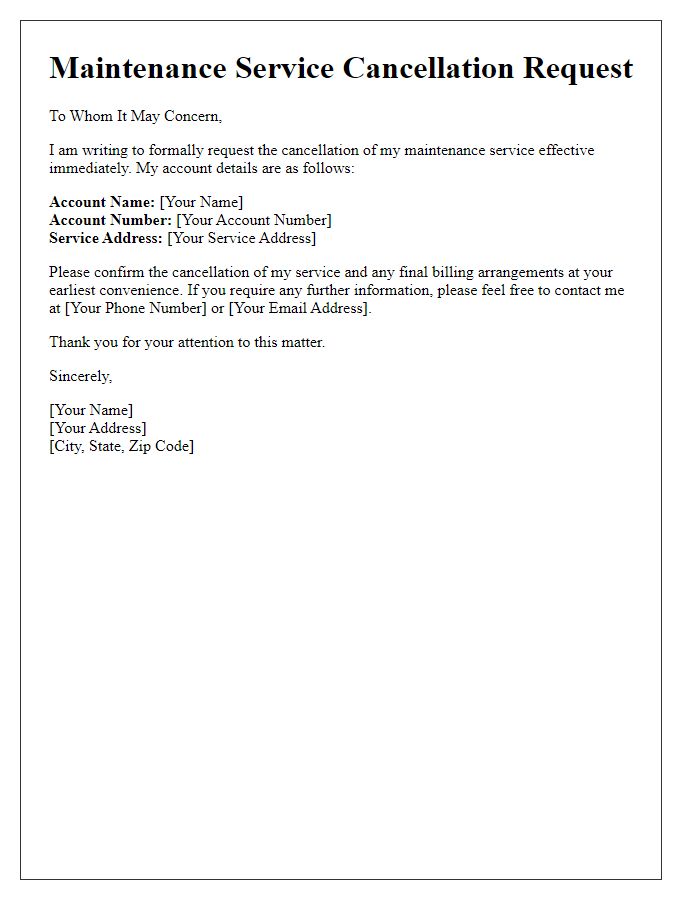 Letter template of maintenance service cancellation requesting confirmation.