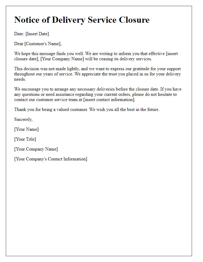 Letter template of delivery service closure letter