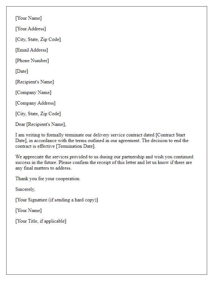 Letter template of ending delivery service contract