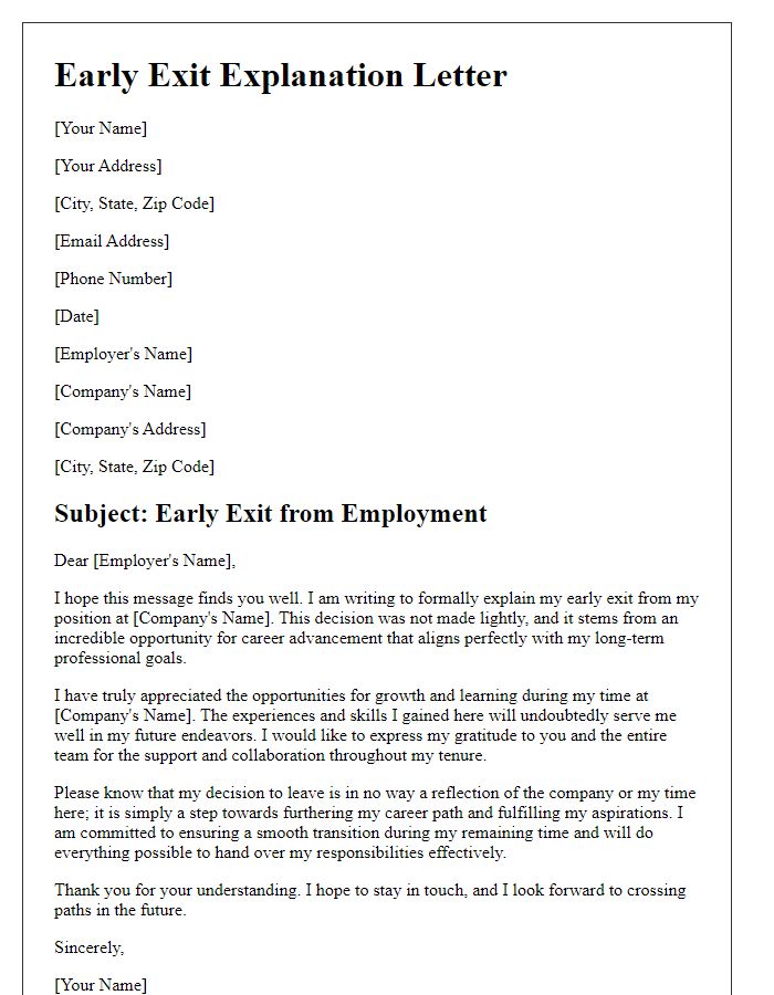 Letter template of early exit explanation for employment termination for career advancement.