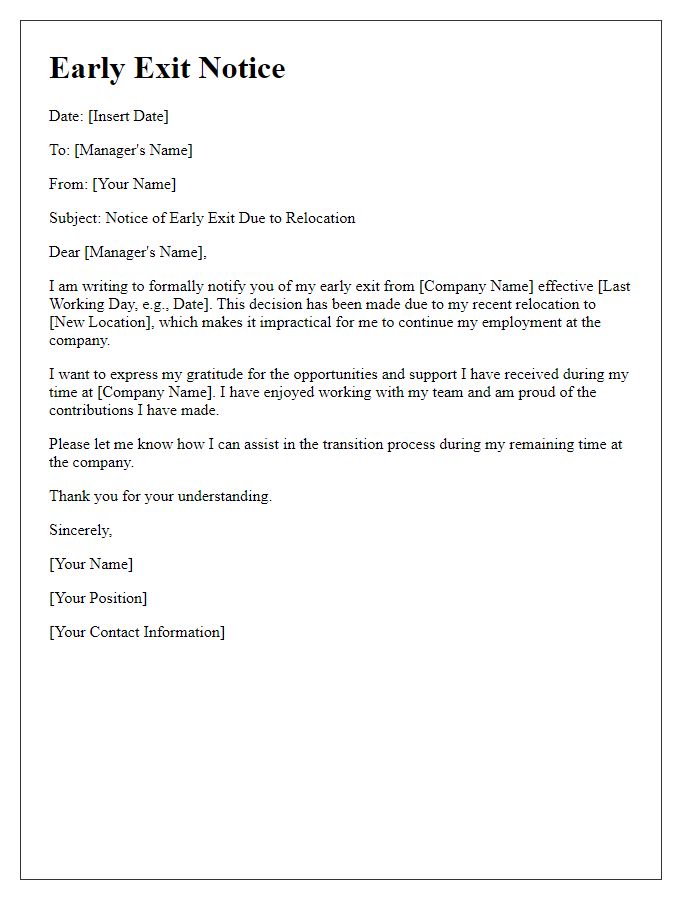 Letter template of early exit notice for employment termination based on relocation.