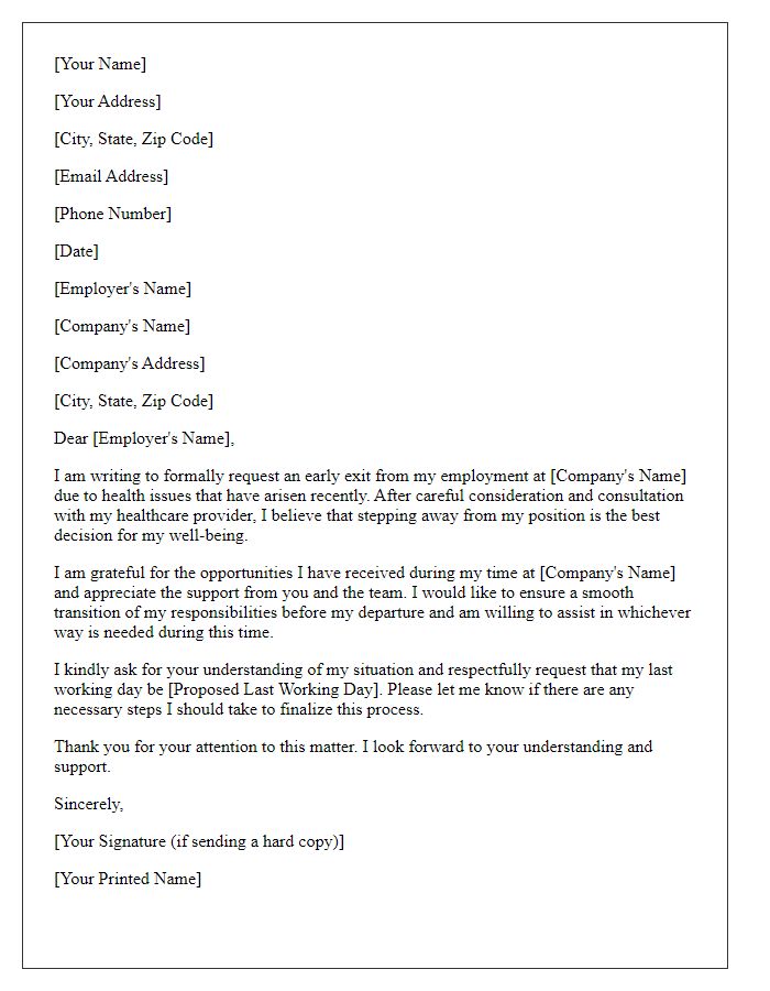 Letter template of early exit request for employment termination for health issues.