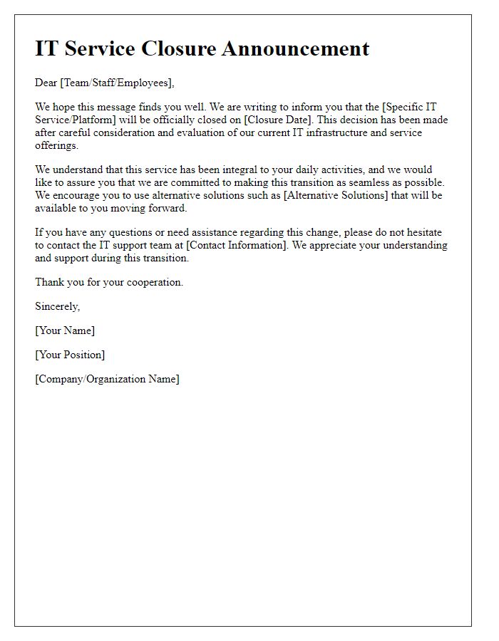 Letter template of IT service closure announcement