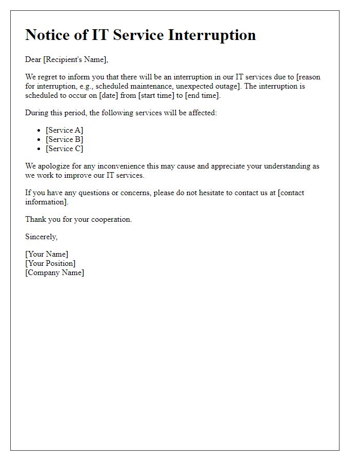 Letter template of IT service interruption notice