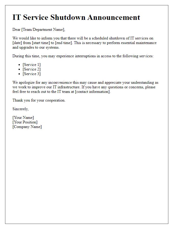 Letter template of IT service shutdown announcement