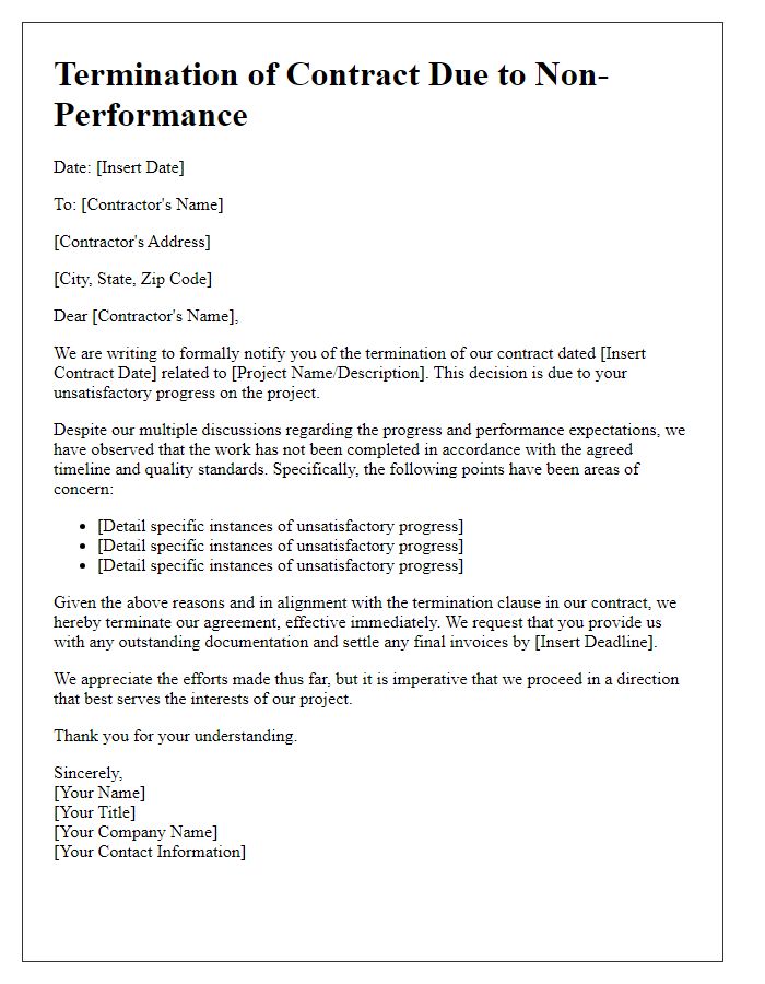 Letter template of contractor non-performance termination based on unsatisfactory progress.