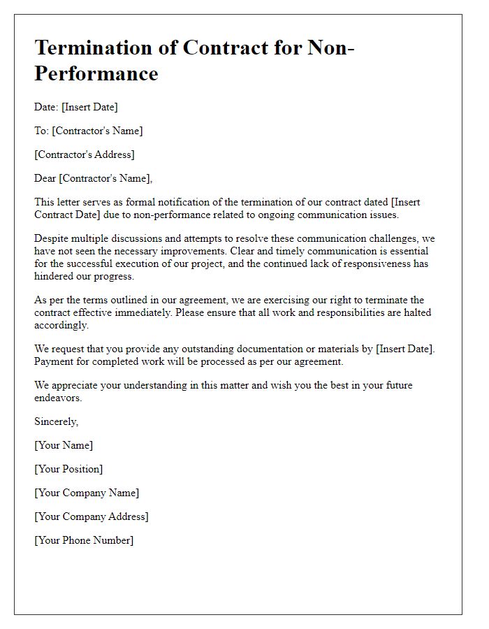 Letter template of contractor non-performance termination citing communication issues.