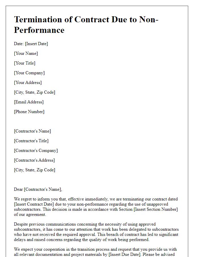 Letter template of contractor non-performance termination due to unapproved subcontractors.