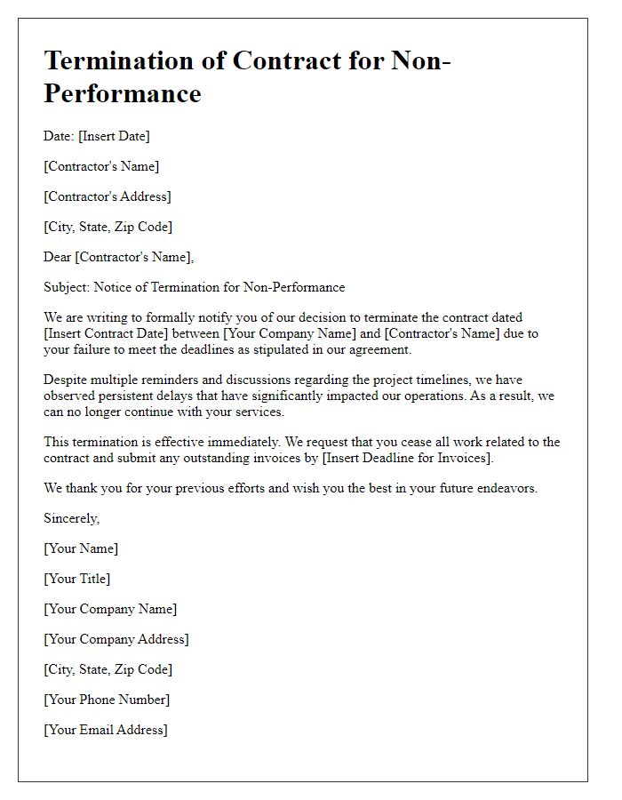 Letter template of contractor non-performance termination for failure to meet deadlines.