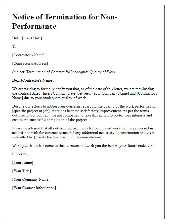 Letter template of contractor non-performance termination for inadequate quality of work.