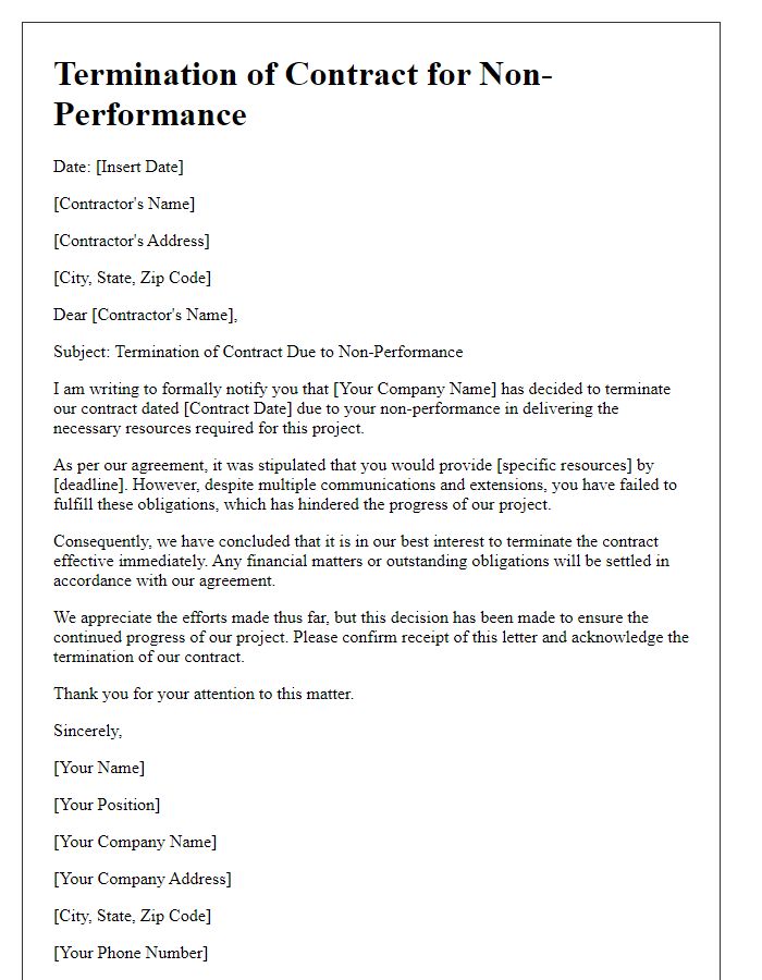 Letter template of contractor non-performance termination for lack of necessary resources.