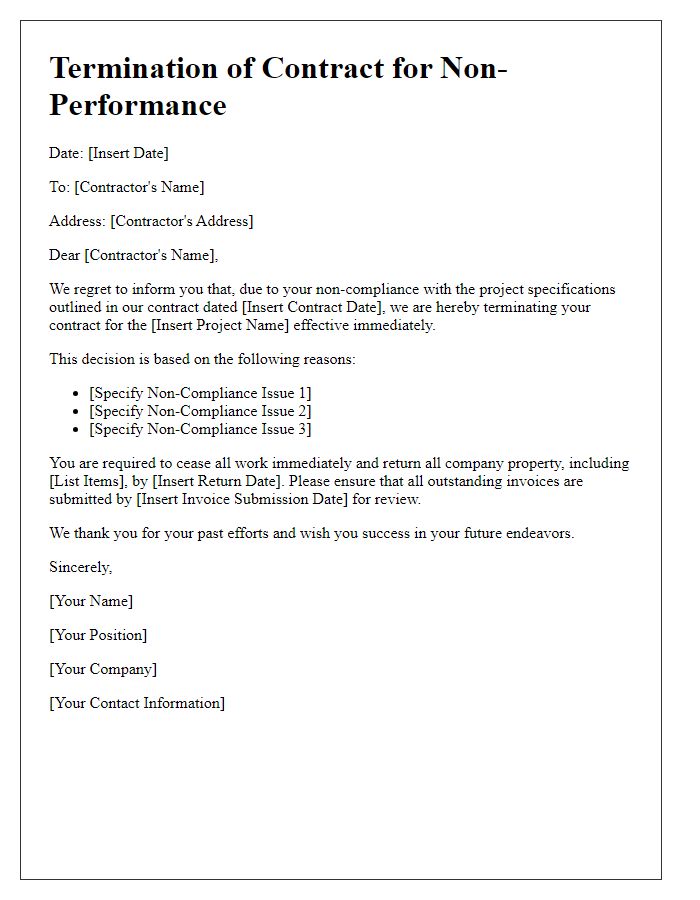 Letter template of contractor non-performance termination for non-compliance with project specifications.