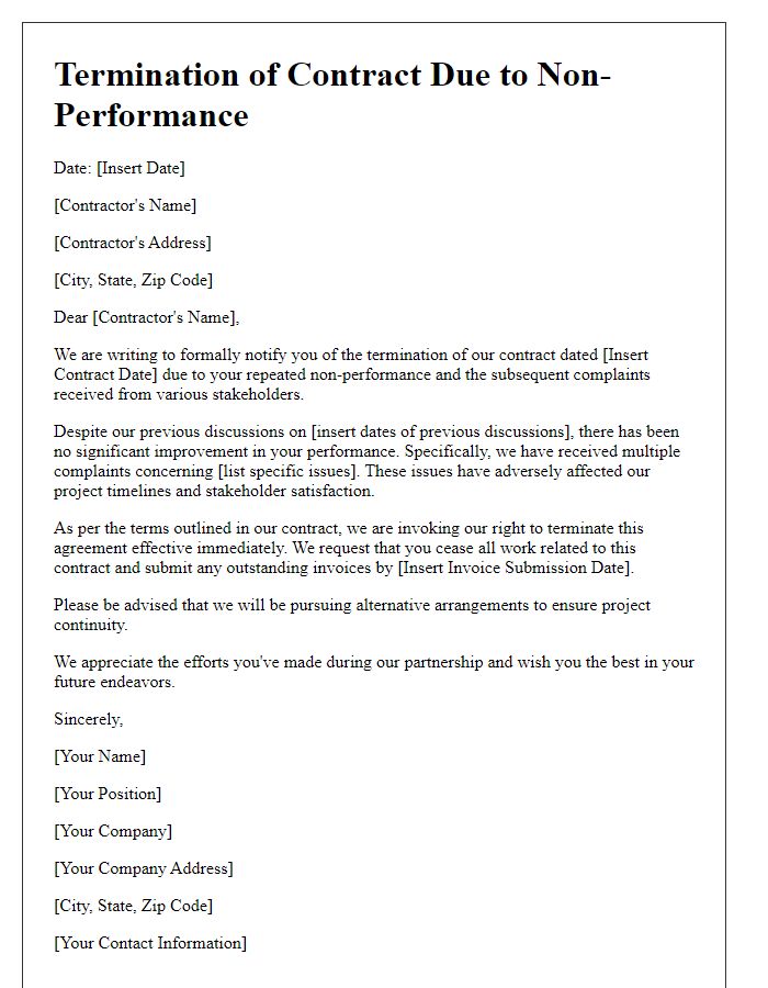 Letter template of contractor non-performance termination for repeated complaints from stakeholders.