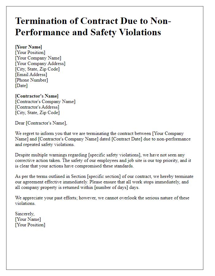 Letter template of contractor non-performance termination for safety violations.