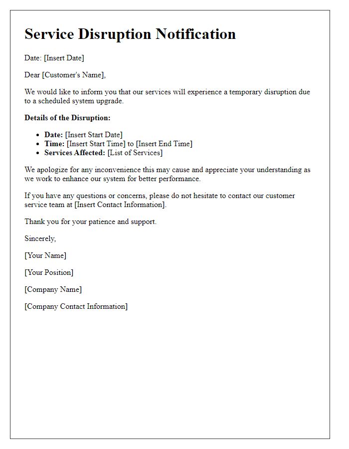 Letter template of Service Disruption Notification Due to System Upgrade
