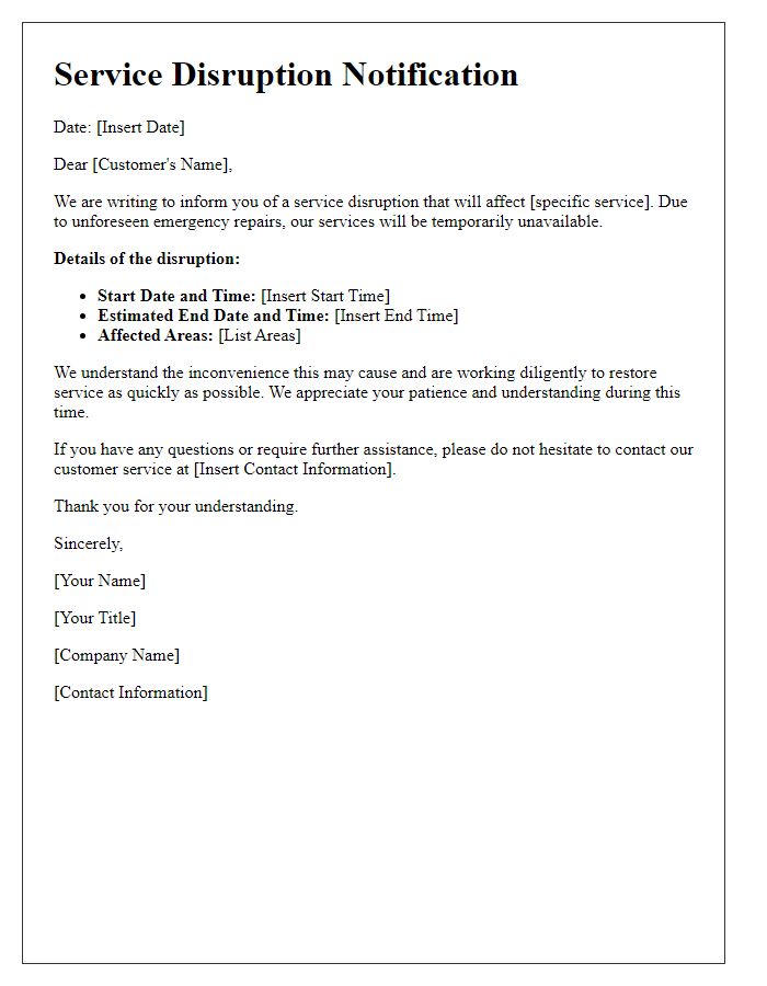 Letter template of Service Disruption Notification for Emergency Repairs