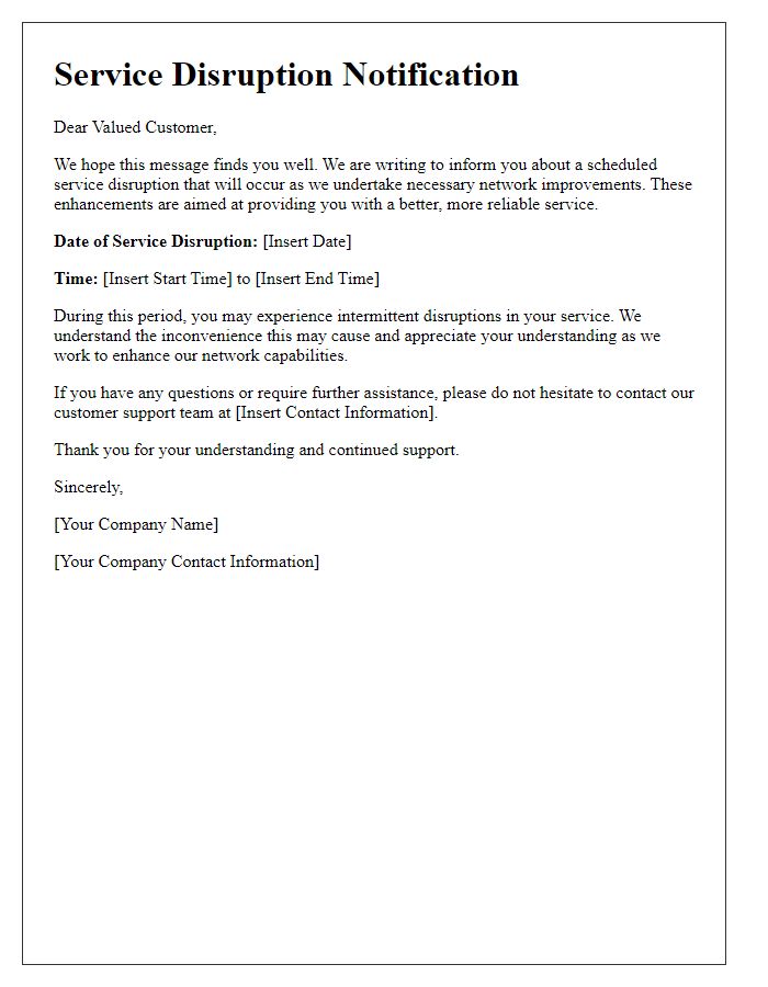 Letter template of Service Disruption Notification for Network Improvements