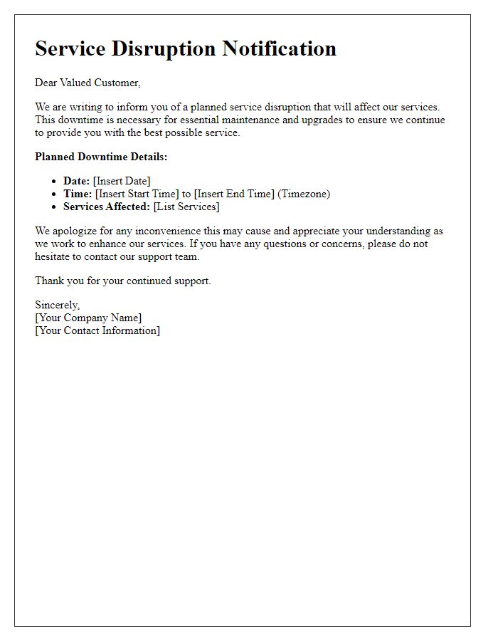 Letter template of Service Disruption Notification for Planned Downtime