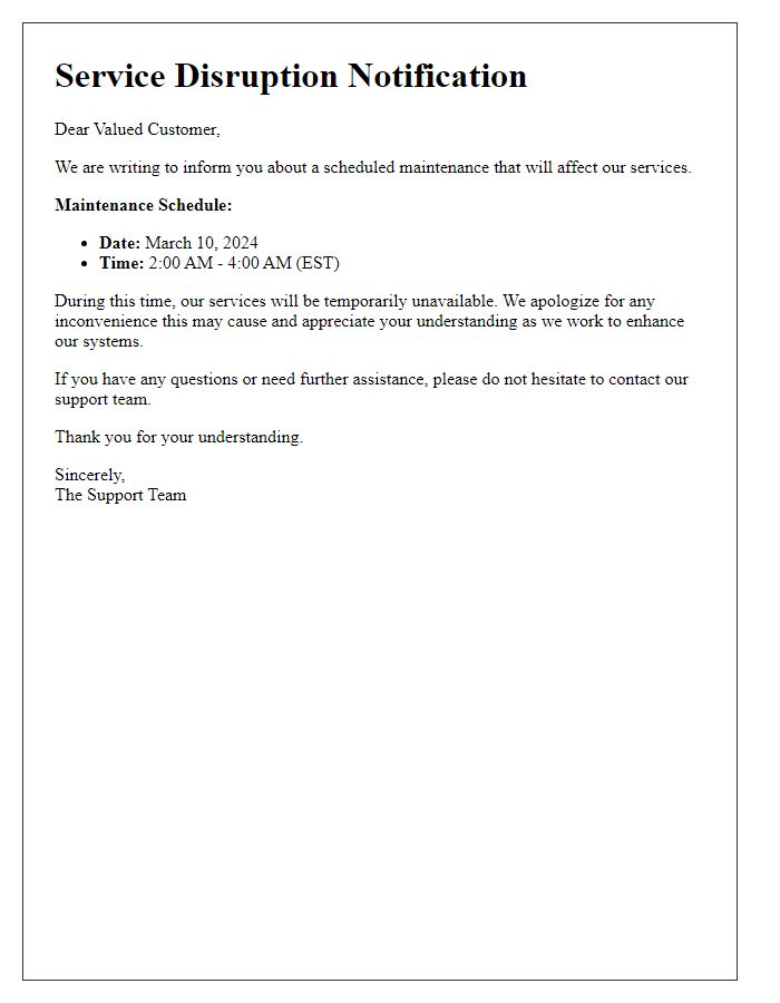 Letter template of Service Disruption Notification for Scheduled Maintenance