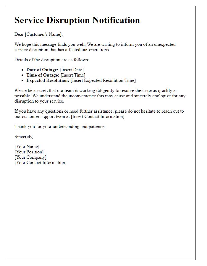 Letter template of Service Disruption Notification for Unexpected Outage