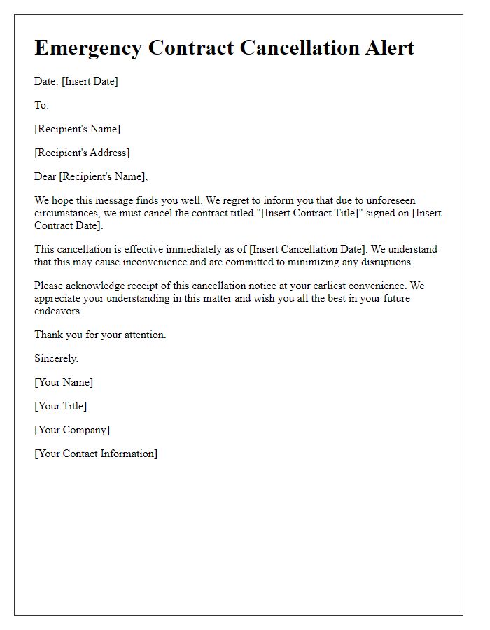 Letter template of emergency contract cancellation alert