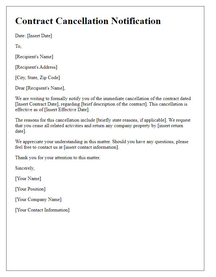 Letter template of immediate contract cancellation notification