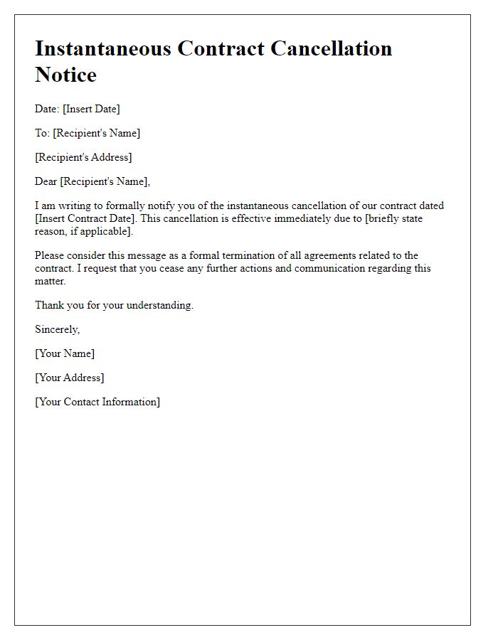 Letter template of instantaneous contract cancellation message