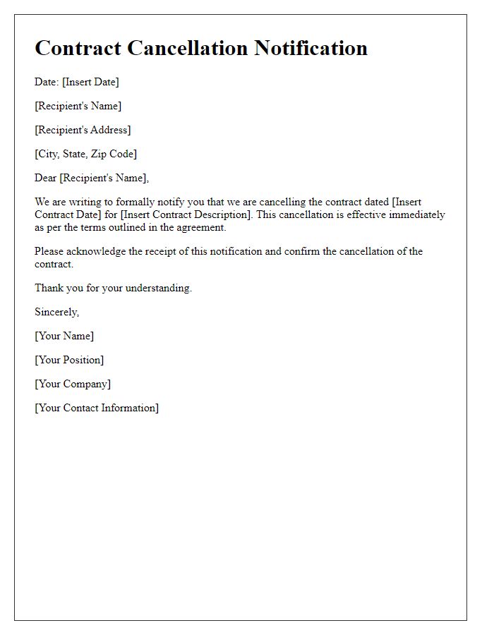 Letter template of quick notification for contract cancellation