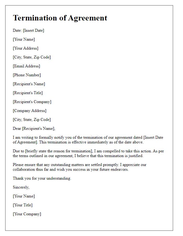 Letter template of sudden termination of agreement