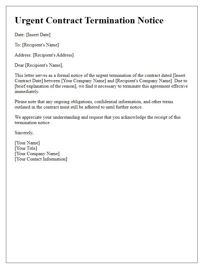 Letter template of urgent contract termination notice