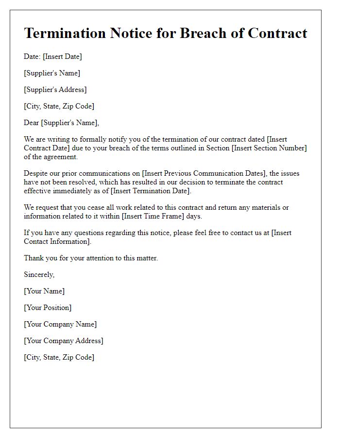 Letter template of contract breach termination notice for suppliers.