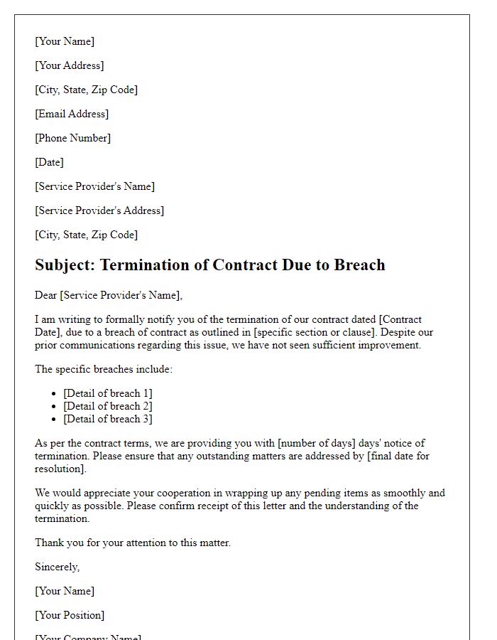 Letter template of contract breach termination for service providers.