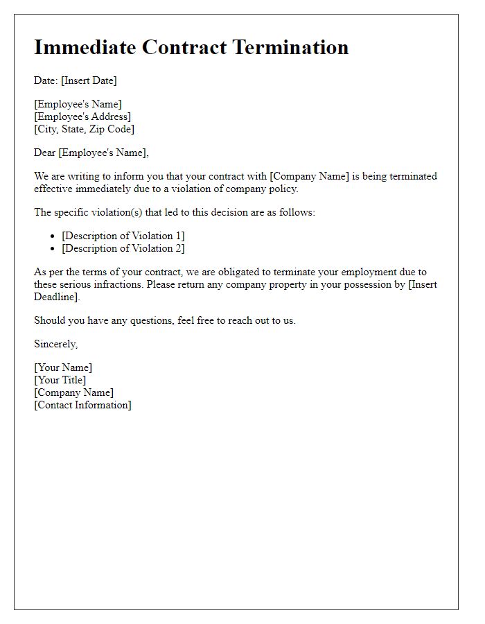 Letter template of immediate contract termination due to violation.