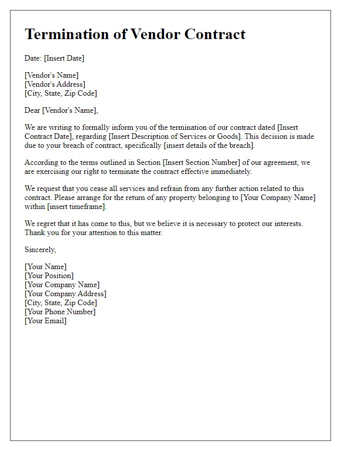 Letter template of termination letter for vendor contract breach.