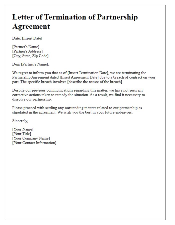 Letter template of termination of partnership agreement for contract breach.