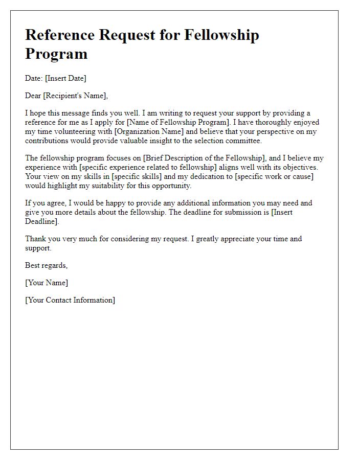 Letter template of volunteer reference request for a fellowship program